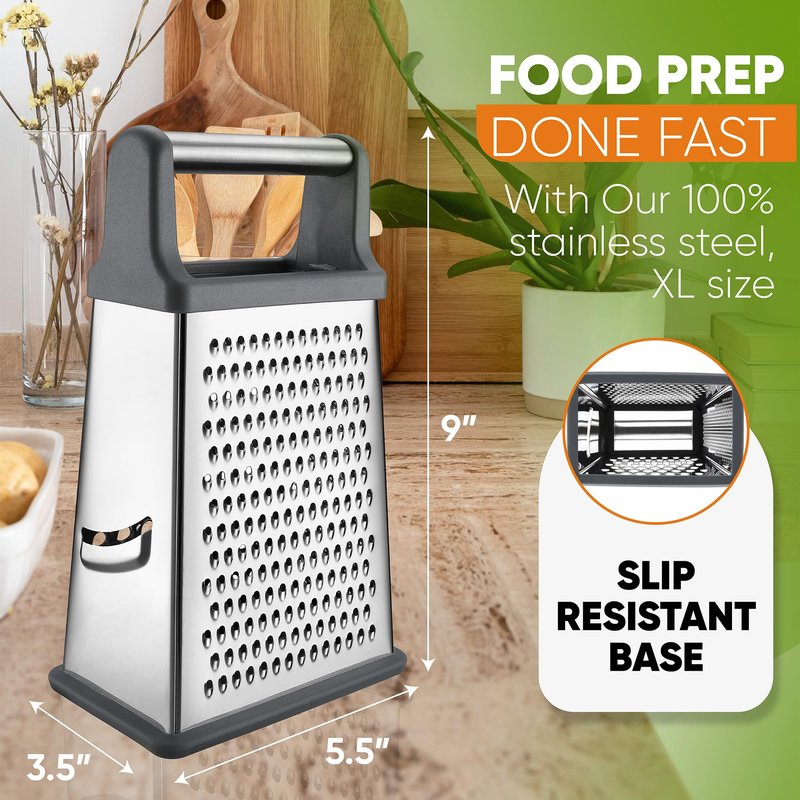 Spring Chef Professional Cheese Grater - Stainless Steel Box Grater for Kitchen, XL Size, 4 Sides - Perfect Shredder for Parmesan Cheese, Carrot, Potato, Ginger - Dishwasher Safe - Gray