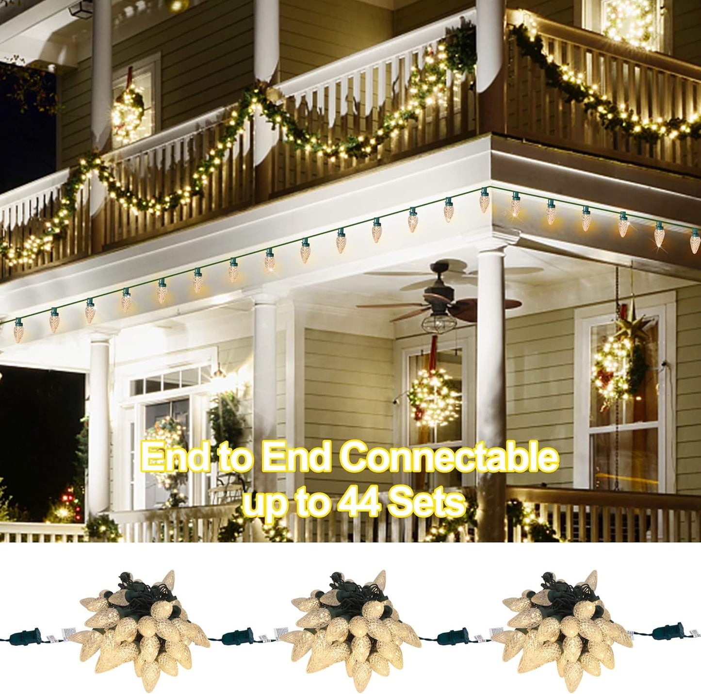 C9 Christmas Lights - 50 LED Faceted String Lights | 24.5 FT Connectable Indoor/Outdoor, Warm White
