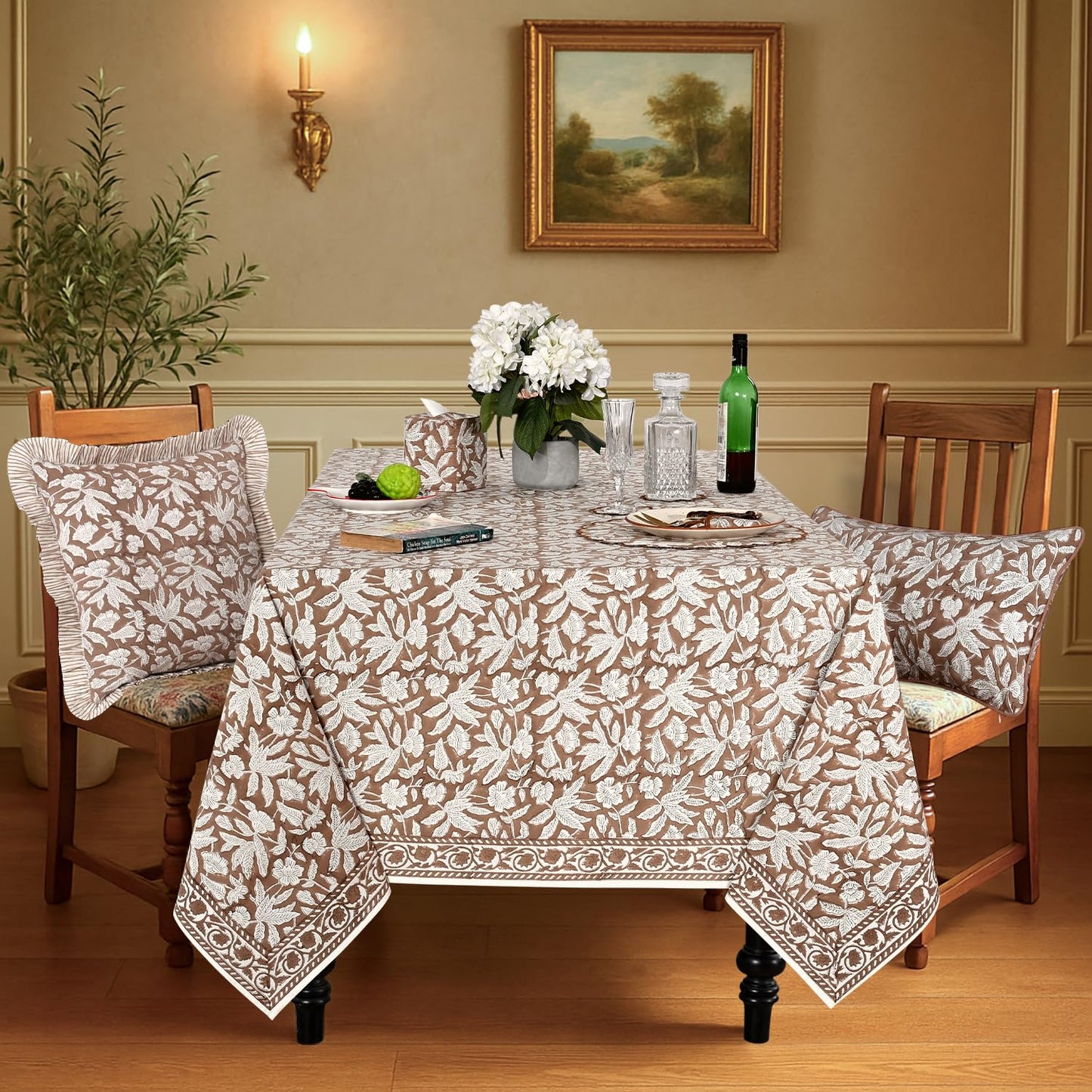 Ridhi Oak Brown Hand Block Print Cotton Rectangle Tablecloth 102" x 48" inches Reusable Table Cover Decorative Everyday Use for Dining Room, Farmhouse, Home Gift for Spring, Mother's Day