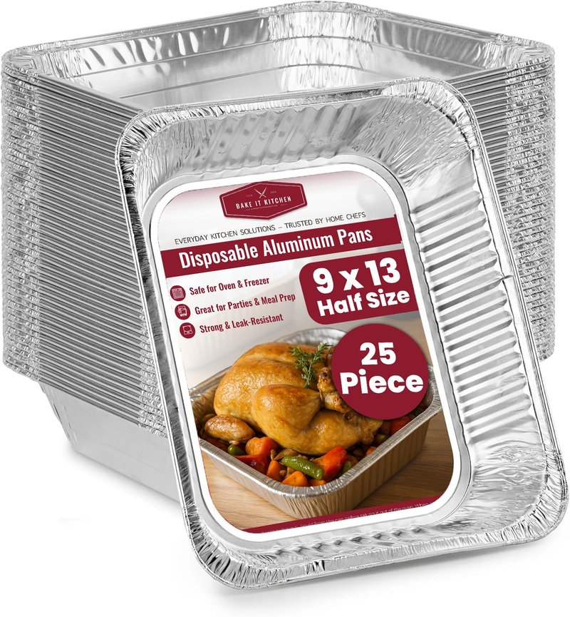 BAKE IT KITCHEN 25 Pack Half Size Disposable Aluminum Pans - Durable BBQ Pan, 9x13 Half Size Deep Pan, Cookware, Camping, Food Leftovers, Desserts, Heavy Duty, Oven