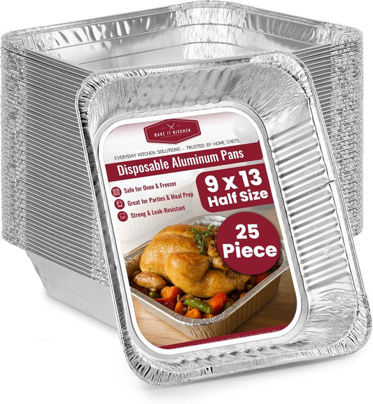 BAKE IT KITCHEN 25 Pack Half Size Disposable Aluminum Pans - Durable BBQ Pan, 9x13 Half Size Deep Pan, Cookware, Camping, Food Leftovers, Desserts, Heavy Duty, Oven