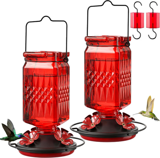 Skiennix 20oz Glass Hummingbird Feeder - Outdoor Hanging Design with Bee Guard & Ant Moat | Red (2 Pack)