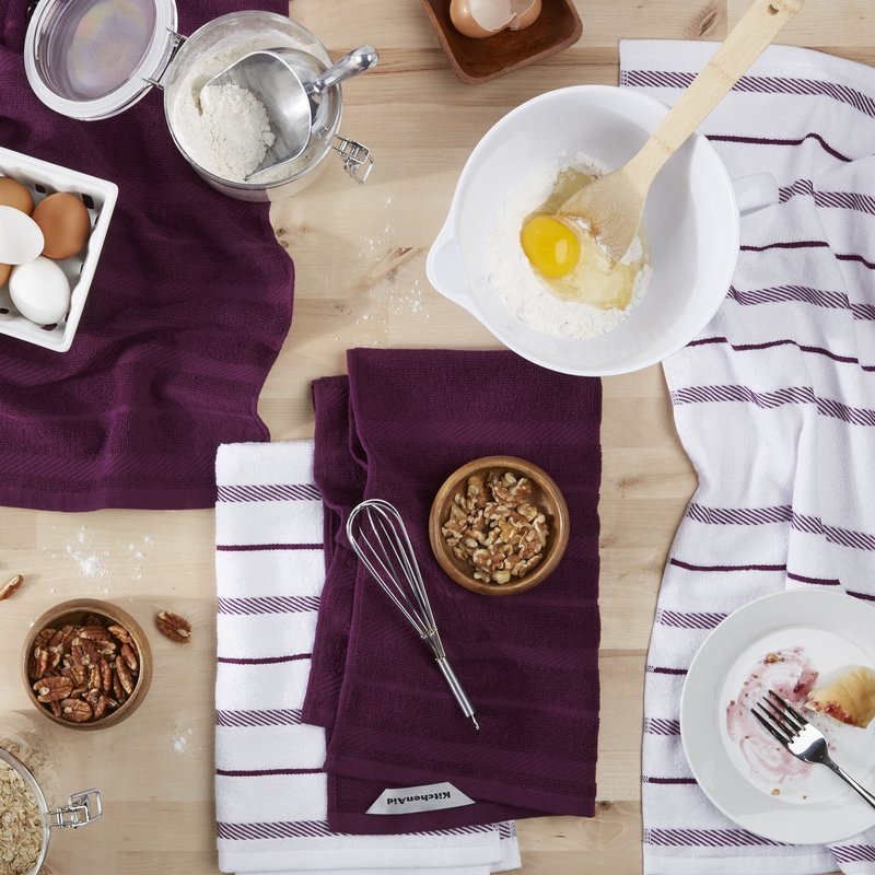 KitchenAid Albany Kitchen Towel 4-Pack Set, Boysenberry Purple/White, 16"x26"