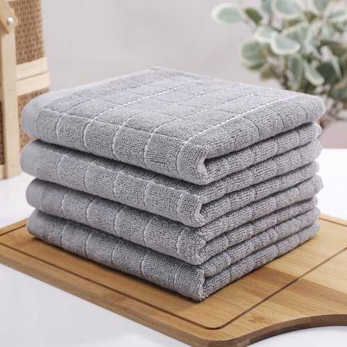Homaxy 100% Cotton Terry Kitchen Towels(Light Grey, 13 x 28 Inches), Checkered Designed, Soft and Super Absorbent Dish Towels, 4 Pack