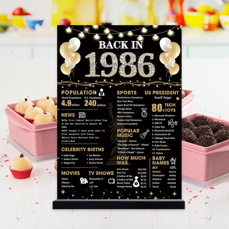 Roetyce 40th Birthday Decorations Gift for Women Men, Black Gold Back in 1986 Poster Acrylic Sign Centerpiece(1PC Duplex Printing), 40th Anniversary Table Decor, 40 Years Old Birthday Party Supplies
