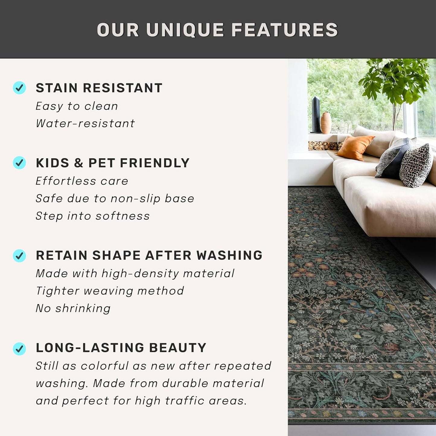 Skiennix Dark Green 2x5 Runner Rug - Non-Slip & Washable Floral Boho Design for Indoor Use