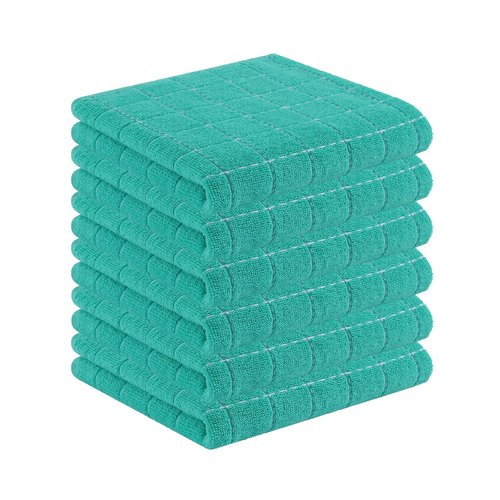 Homaxy 100% Cotton Terry Kitchen Towels(Turquoise, 13 x 28 inches), Checkered Designed, Soft and Super Absorbent Dish Towels, 6 Pack