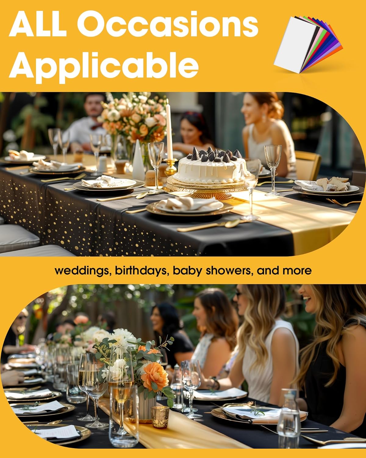 Niuara Table Cloth Set - Black & Gold Disposable Rectangle Table Cover & Runner | 3+3 Pack for Events