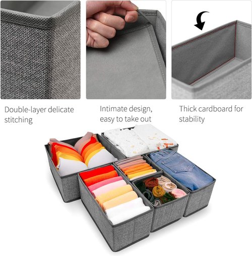 Criusia Foldable Underwear Drawer Organizer - Closet Dividers for Clothes & Socks (6 Bins, Gray)