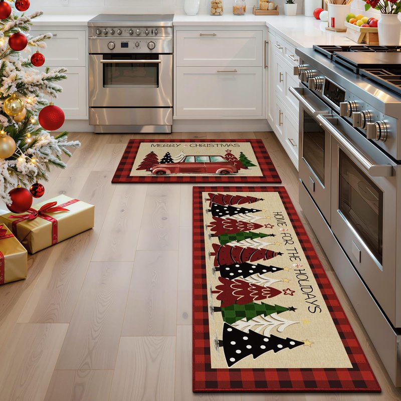 StepRite Kitchen Mats for Floor, 2 PCS Christmas Kitchen Rugs, Non-Slip Bottom with Christmas Tree Print, Low-Profile Mat for Home, Office, Sink, Kitchen,Hallway,Holiday Decor(17”x30”+17”x47”-Red)