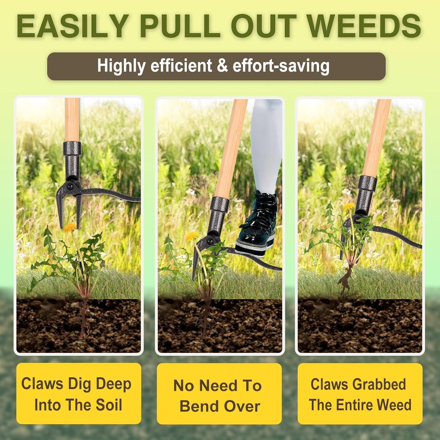 Skiennix Stand-Up Weed Puller Tool - 4-Claw Steel Head with Wooden Handle | Effortlessly Remove Weeds Without Bending
