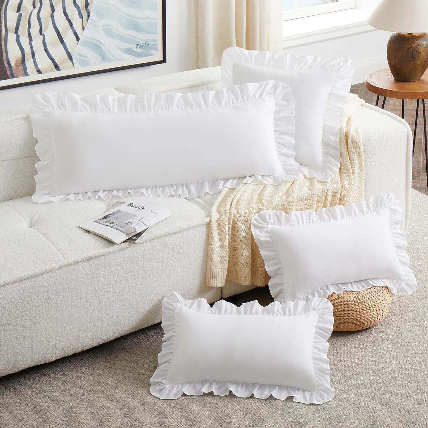 KKJIAF White Lumbar Pillow Cover - Microfiber Ruffled Sham for Couch & Bed | 14x36 Inch