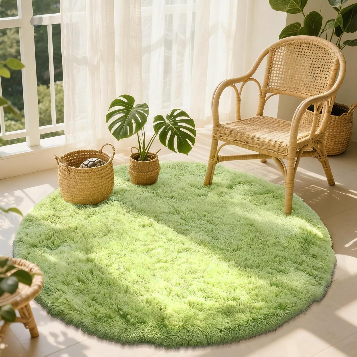 OLANLY Round Grass Green Area Rug - Soft, Fluffy, Machine Washable 4 ft Circle Carpet for Bedrooms & Nurseries