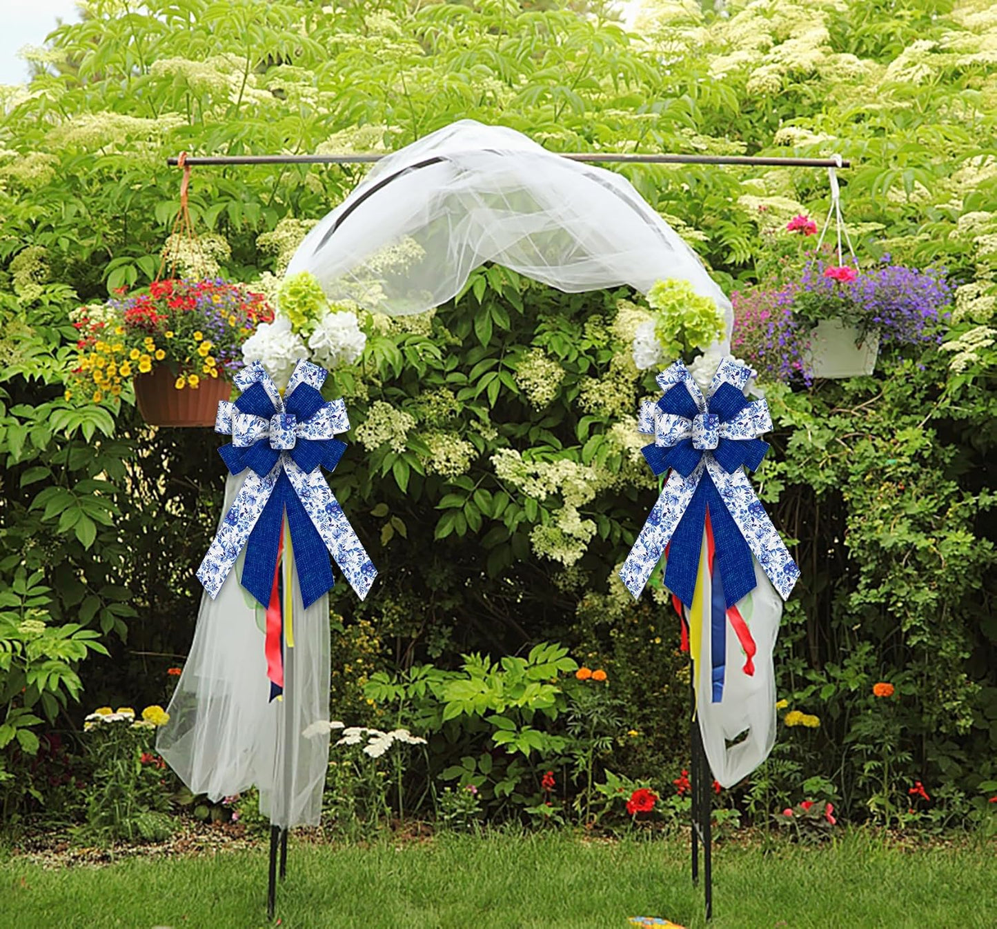Skiennix Large Spring Bows - Blue Linen Flower Burlap Ribbon for Wreaths & Decorations