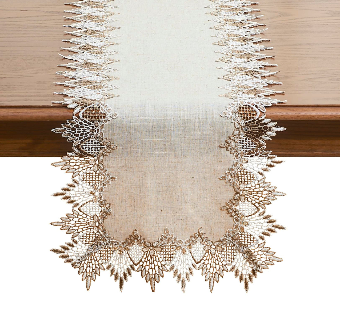 Raedan Natural Linen Table Runner 48 inches Neutral Earth Tones Beige Lace Coffee Table Runners Dresser Scarf for Spring Easter Summer Kitchen Wedding Party, Machine Washable (Natural, 16”x48”)