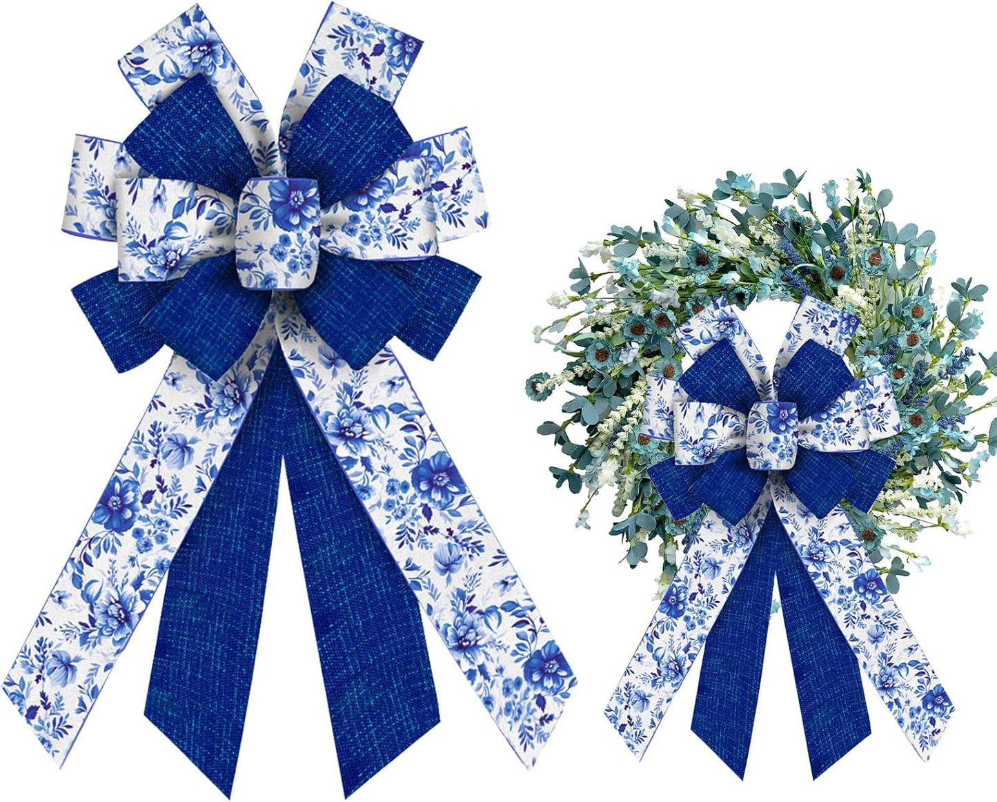 Skiennix Large Spring Bows - Blue Linen Flower Burlap Ribbon for Wreaths & Decorations
