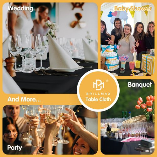 BRILLMAX 4 Pack Black Tablecloths 90 x 132 Inch for 6ft Rectangle Tables - 150 GSM Polyester Fabric, Floor Length Drop, Water, Stain & Wrinkle Resistant Cloth Cover for Wedding Reception Banquet