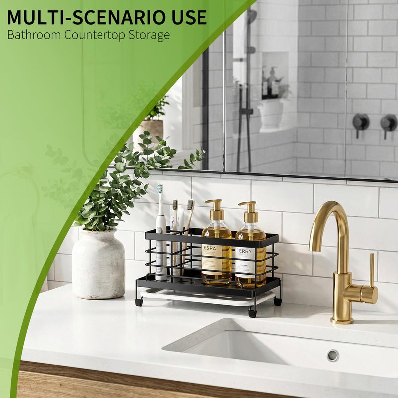 Cisily Kitchen Sink Caddy, Gold, Unisex, 5.3 in Wide, 9.49 in Long, 4 Storage Spaces, Stain-Resistant Tray, Anti-Rust, Easy to Clean