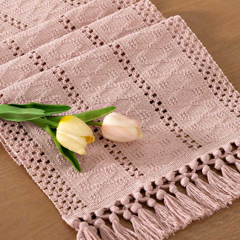 Socomi Boho Table Runner Easter Spring Farmhouse Rustic Dining Kitchen Centerpiece Decor Small Macrame Woven Cotton Linen Coffee Table Runner for Dresser Scarf Home Decor 12x72 in Pink