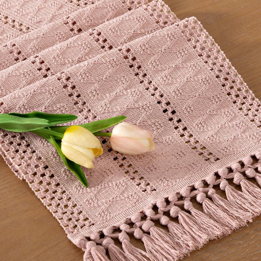 Socomi Boho Table Runner Easter Spring Farmhouse Rustic Dining Kitchen Centerpiece Decor Small Macrame Woven Cotton Linen Coffee Table Runner for Dresser Scarf Home Decor 12x72 in Pink