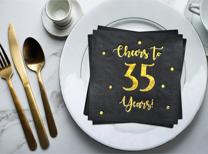 Cheers to 35 Years Cocktail Napkins | Happy 35th Birthday Decorations for Men and Women and Wedding Anniversary Party Decorations | 50-Pack 3-Ply Napkins | 5 x 5 inch folded (Black)