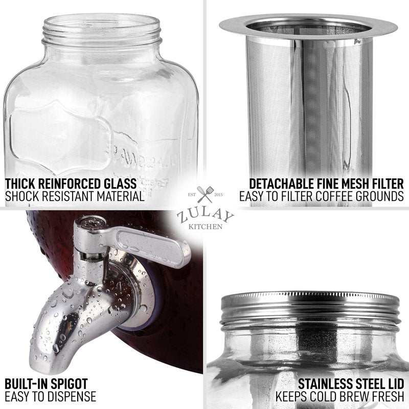 Zulay 1 Gallon/128oz Cold Brew Coffee Maker – Thick Glass Pitcher with Stainless Steel Filter, Lid & Spout – Large Mason Jar Container Dispenser - Iced Coffee & Sun Tea Brewer for Fridge – Silver