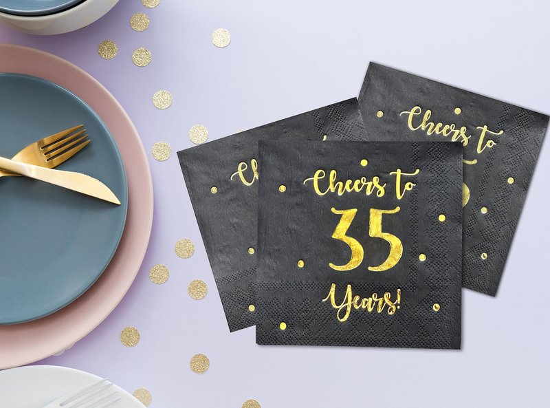 Cheers to 35 Years Cocktail Napkins | Happy 35th Birthday Decorations for Men and Women and Wedding Anniversary Party Decorations | 50-Pack 3-Ply Napkins | 5 x 5 inch folded (Black)
