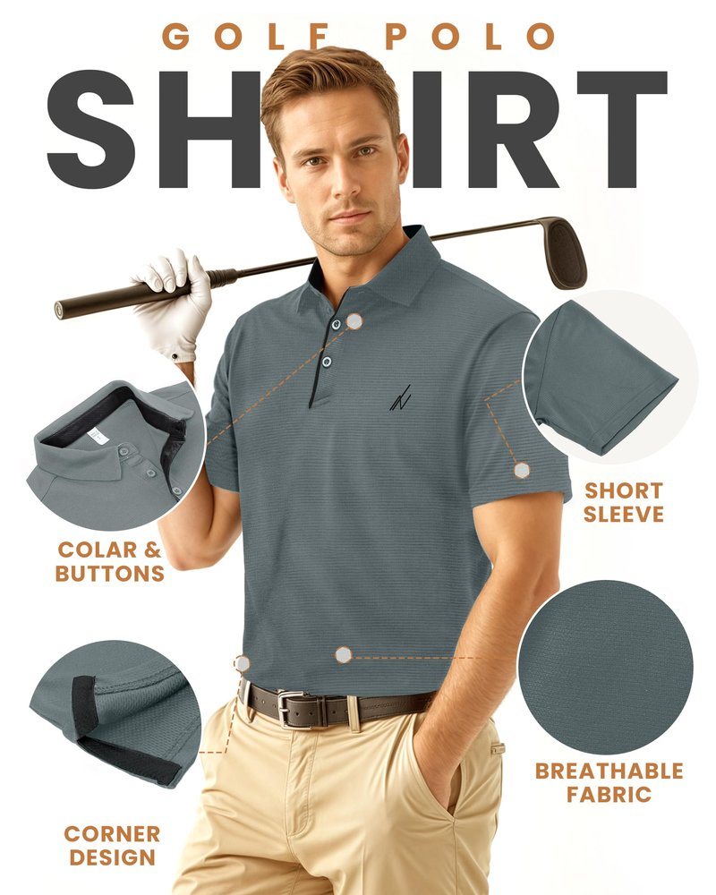 NY Threads Men's Golf Polo Shirt UPF 70+ Regular Fit Moisture Wicking Quick Dry Performance Short Sleeves Polo, Large, Dark Grey