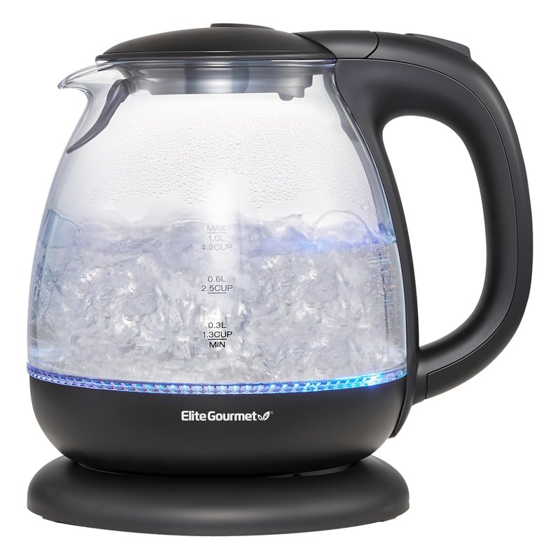 Elite Gourmet EKT1024 1L Electric Glass Tea Kettle, BPA-Free Hot Water Boiler with Blue LED, Fast Boil & Auto Shut-Off, Black