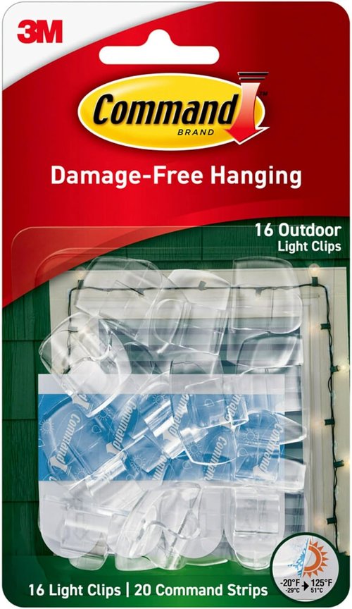 Command Outdoor Light Clips - Water-Resistant Adhesive | 16 Clips & 20 Strips - Clear (17017CLR-AWES)