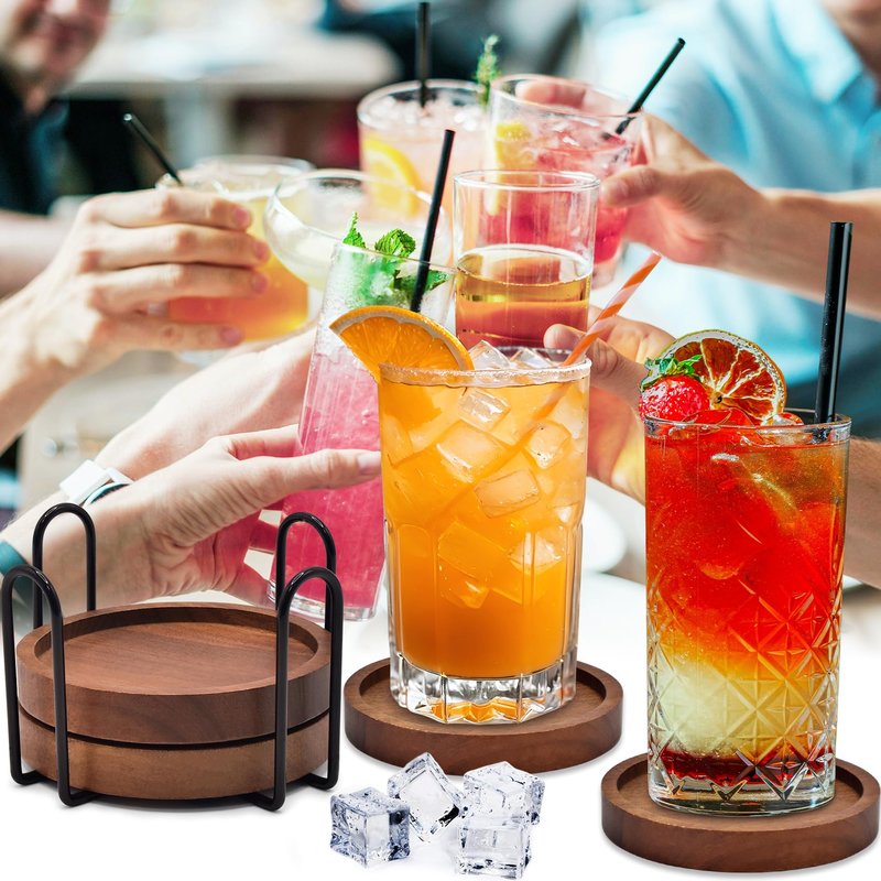 Wood Drink Coasters with Holder, Set of 4, Natural Absorbent Wooden Coasters for Drinks, Modern Rustic Farmhouse Office Bar Decor, Coffee Table Cup Coaster