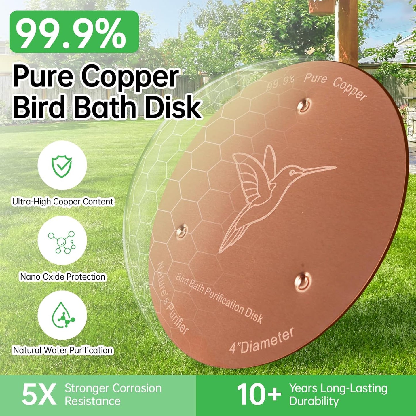 Skiennix Bird Bath Copper Discs - 99.9% Pure Copper Cleaner with Reinforced Design | Universal Fit for All-Season Use