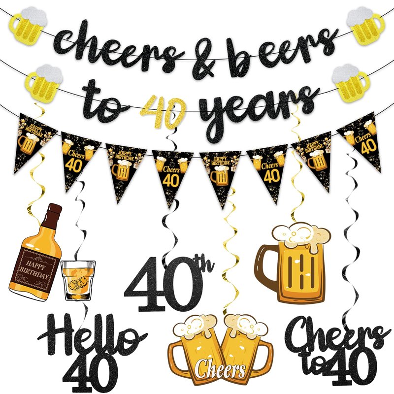 Black Gold 40th Birthday Decorations for Him Men, Glitter Pre-Strung Cheers to 40 Years Banner Hello 40 Hanging Swirls Paper Triangle Flag Banner Decorations Bday Party Supplies Kit