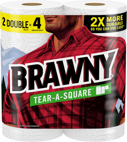 Brawny Tear-A-Square Paper Towels - 2 Double Rolls (Equivalent to 4 Regular Rolls) | Versatile 3 Sheet Sizes for All Messes