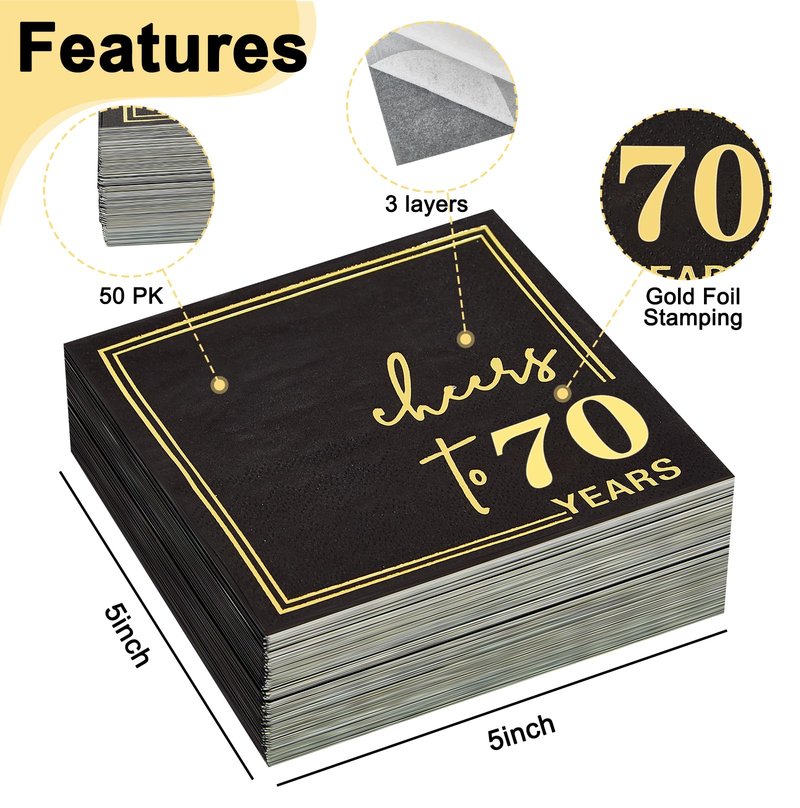 Ottin Black Cheers to 70 Years Cocktail Napkins, 5x5 Inches, 50 Counts, 3-Ply Disposable Party Napkins for 70th Birthdays Decorations, Anniversaries, Weddings, Indoor & Outdoor Celebrations, Gold Foil