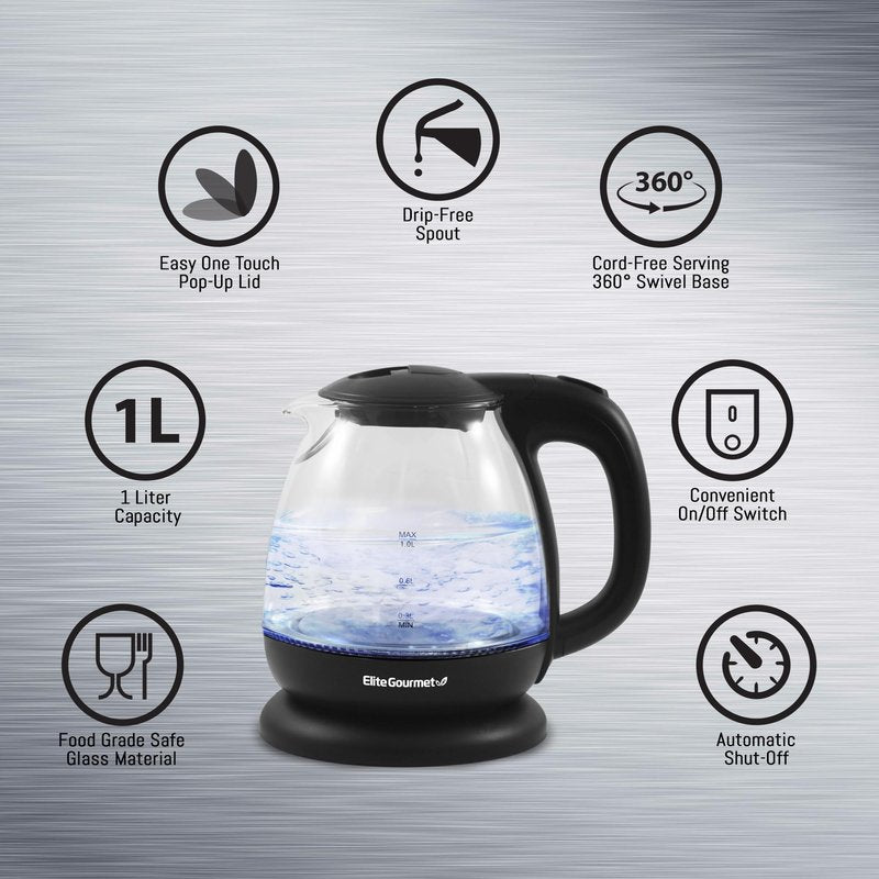 Elite Gourmet EKT1024 1L Electric Glass Tea Kettle, BPA-Free Hot Water Boiler with Blue LED, Fast Boil & Auto Shut-Off, Black
