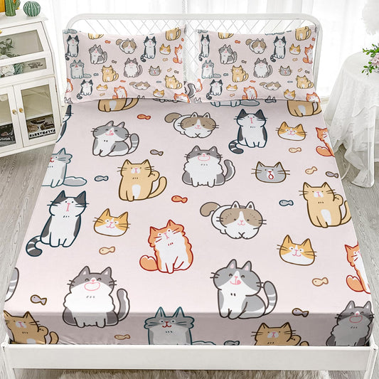 XYNHML Kids Cute Cat Fitted Sheet Set 3Pcs Cartoon Pet Cat Fishing Quilt Bed Sheets Twin Lovely Animal Bedding Set for Boys Teens Adult Includes 1 Fitted Sheet,2 Pillowcases