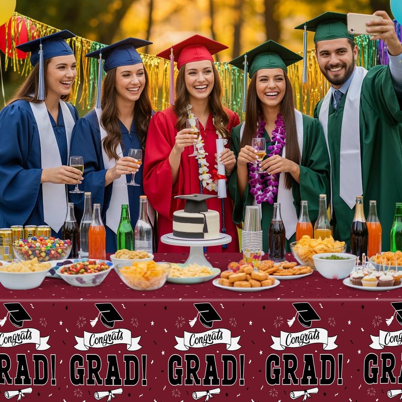 QZYL 2 PCS Graduation Decorations 2026, 108" X 54" Maroon Graduation Table Cloths, Rectangle Table Cloths for Class of 2026 Congrats Grad, Disposable Plastic Tablecover for Grad Decor Party Supplies