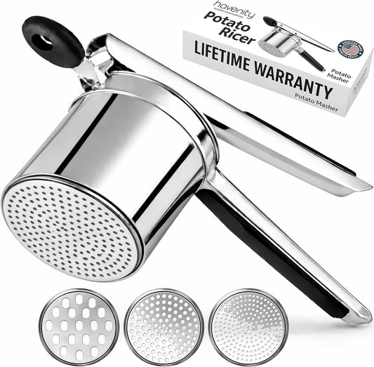 Skiennix 15oz Potato Ricer - Heavy Duty Stainless Steel Masher with 3 Discs | Non-Slip Baby Food Squeezer