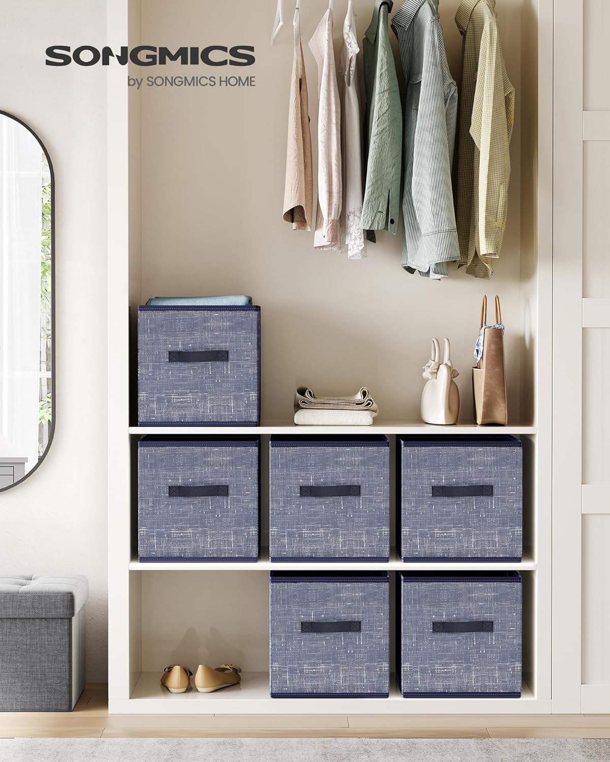 SONGMICS Storage Cubes - 11.8-Inch Foldable Non-Woven Fabric Bins | Set of 6, Misty Blue Closet Organizers