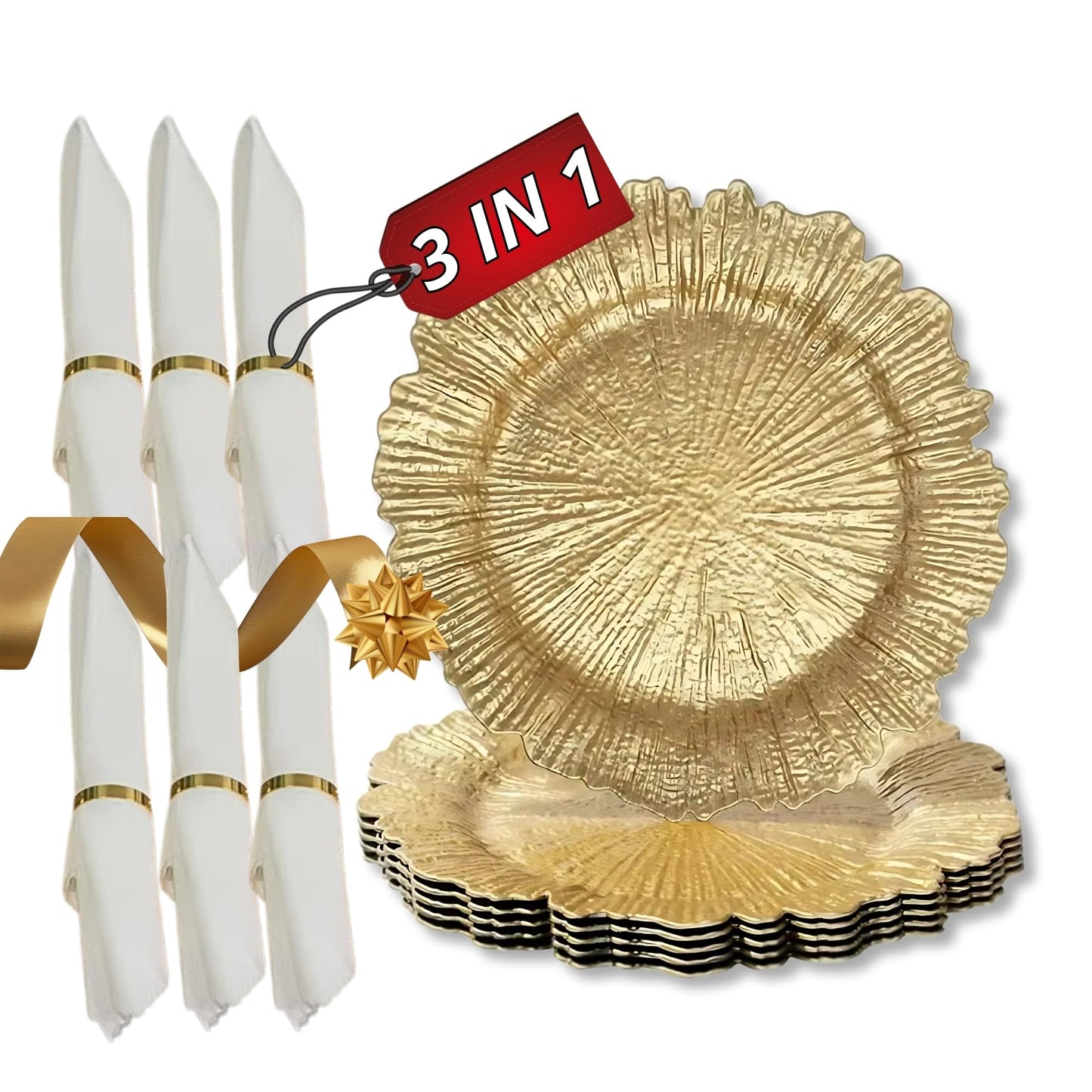 LEMELC Gold Plastic Charger Plates Set – 6 Reef-Style 13" Chargers with 6 White Napkins & 6 Gold Metal Rings – Party Charger Plates & Elegant Table Décor for Dinner Parties & Special Occasions