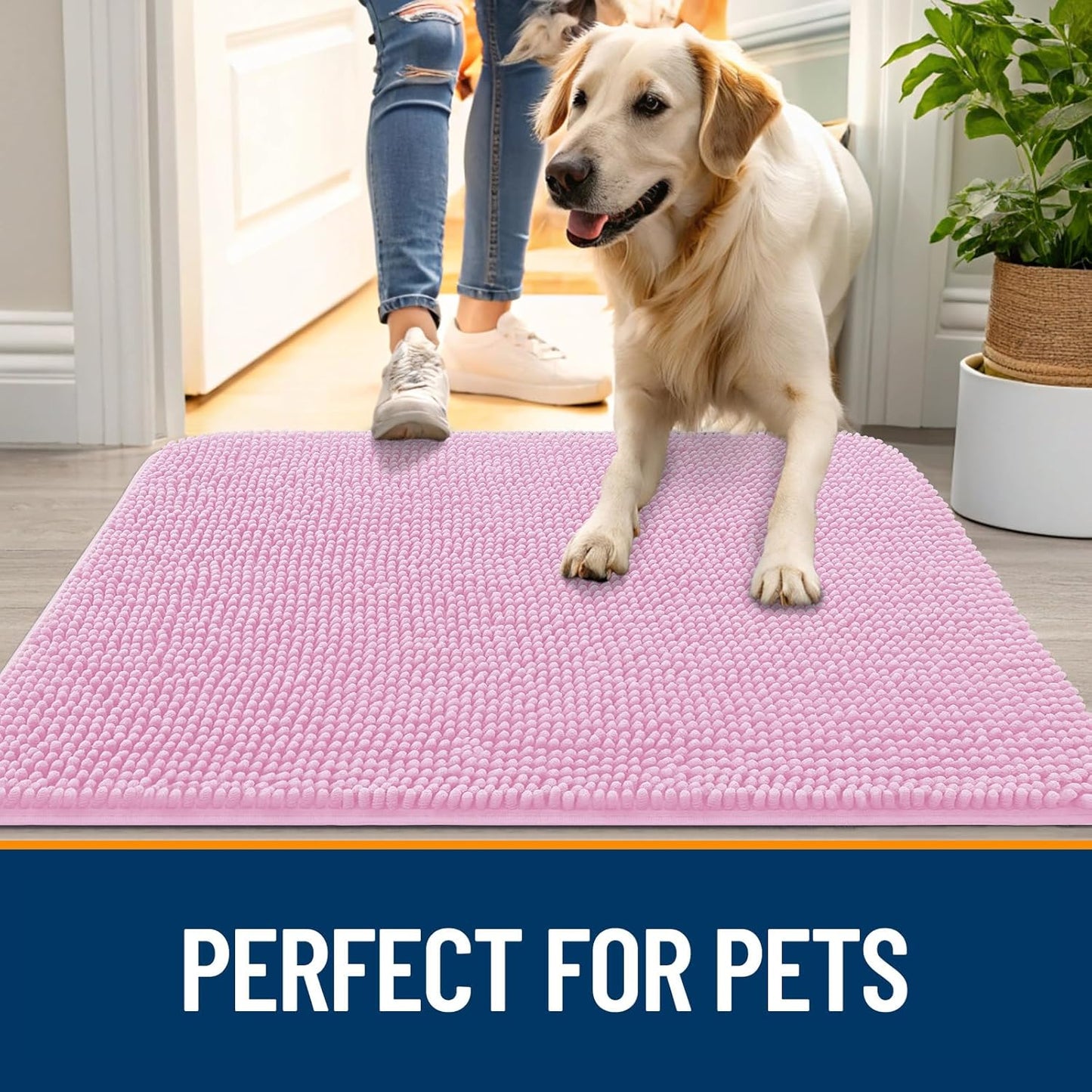 OLANLY Dog Door Mat - Absorbent Non-Slip Chenille Mat for Muddy Paws | 70x46, Quick Dry, Pink