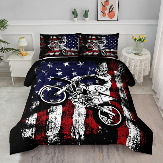 Axolotl Dirt Bike Comforter Set Twin, American Flag Bedding Set, Motocross Comforter,White Red Stripes Stars Bedding, Motorcycle Racer Quilt for Boys Kids Teens Men, 1 Dirt Bike Quilt 2 Pillowcases