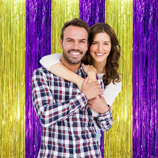 Voircoloria 3 Pack 3.3 x 8.2 ft Purple and Gold Foil Fringe Backdrop Curtains, Tinsel Streamers Party Decorations, Fringe Backdrop, Door Shimmer for Graduation or Birthday Party