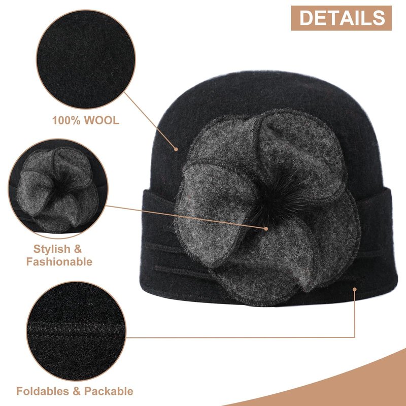Sumolux Beanie Hats for Women Wool Skull Cap Beret Floral Cuffed French Vintage Dress Cloche Classic Winter 1920s Black Grey