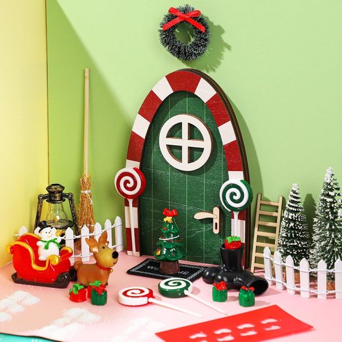 Gerrii Miniature Green Christmas Elf Fairy Doors - 25 Pcs Enchanted Decor Kit for Dollhouses & Rooms