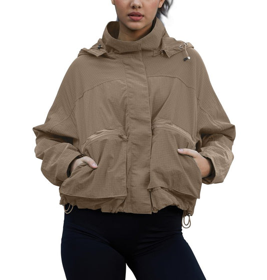 PESION Women's Waterproof Rain Jacket Lightweight Hooded Raincoat for Hiking Travel Outdoor, Khaki, Medium