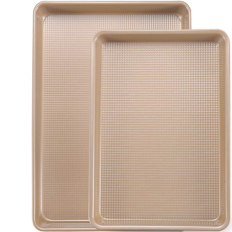 JOHO BAKING Cookie Sheets for Baking Nonstick, 2 Pack Heavy Duty 0.8mm Baking Sheet Pan Set Quarter(9x13in) & Jelly Roll(10x15in) with Diamond Texture, Gold Commercial Grade, Small Oven Safe