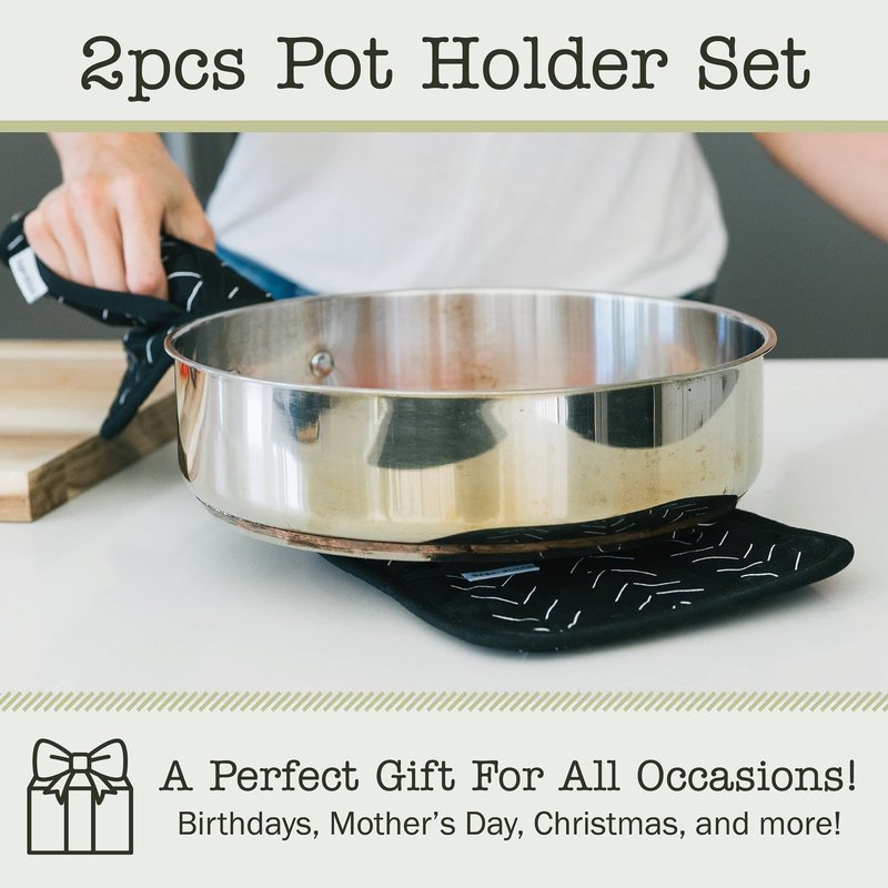 Sage+Stitch Heat Resistant Designer Pot Holders with Hand Pockets and Hanging Loops | Set of 2 100% Cotton Dual Function Kitchen Pot Holders | 7'' x 9'' | Black