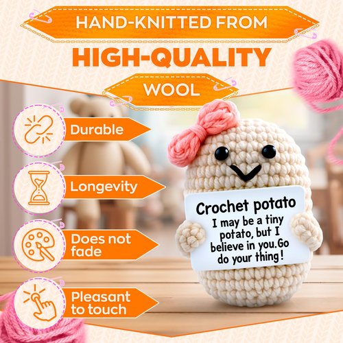 Crochet Potato Desk Figurine Ribbon & Motivational Card - 3.14x2.36" Handmade Mini Plush Decor Gift for Women, Coworker, Teacher, Friend | Office Shelf Accent - Great as Graduation Gift for Daughter